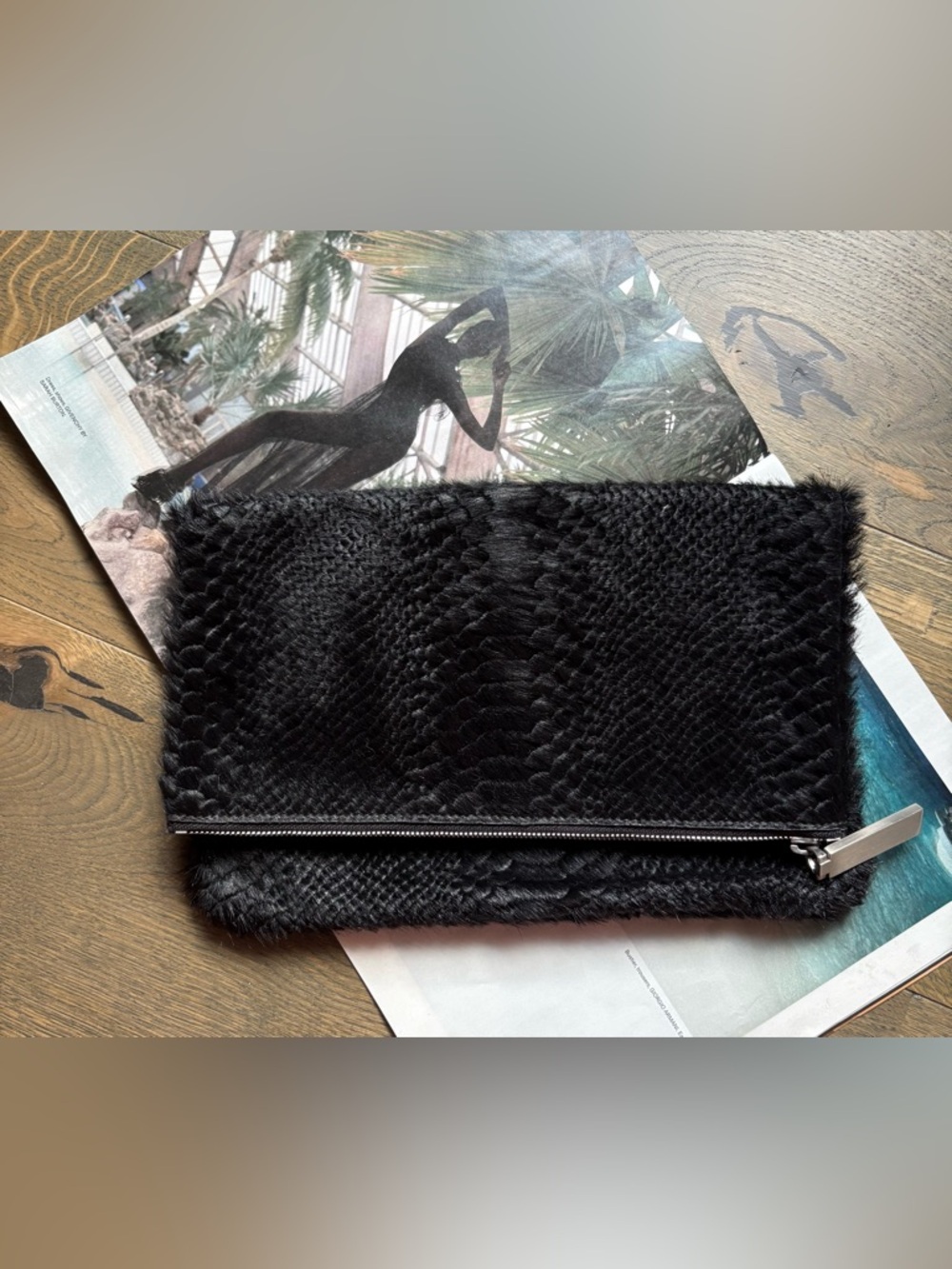 August Made In Los Angeles Calf Hair Snakeskin Zippered Folded Clutch In Black